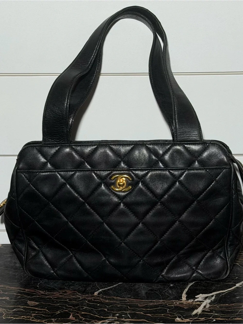 CHANEL Vintage Black Quilted Top Handled Handbag Gold CC Logo